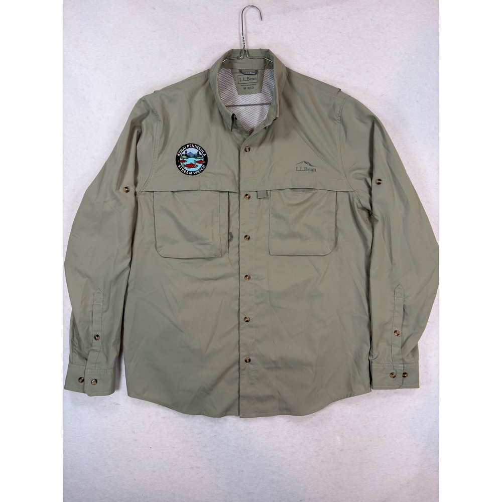 LL Bean Mens Fishing Shirt Medium Green UPF 50 Kenai Peninsula Stream Watch